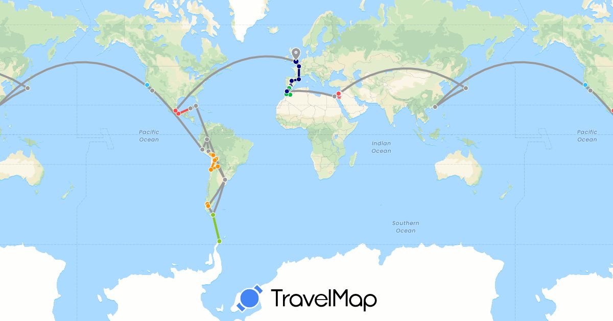 TravelMap itinerary: driving, bus, plane, hiking, boat, hitchhiking, electric vehicle in Argentina, Bolivia, Chile, China, Cuba, Egypt, Spain, France, United Kingdom, Gibraltar, Israel, Jordan, Japan, Morocco, Mexico, Peru, Palestinian Territories, United States (Africa, Asia, Europe, North America, South America)